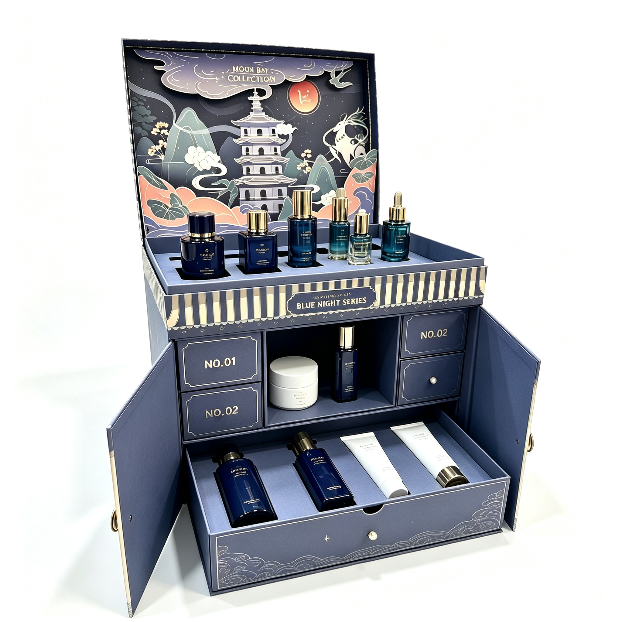 Flip-lid multi-drawer perfume set packaging box with upper fixed cavity for perfume samples and two lower drawers